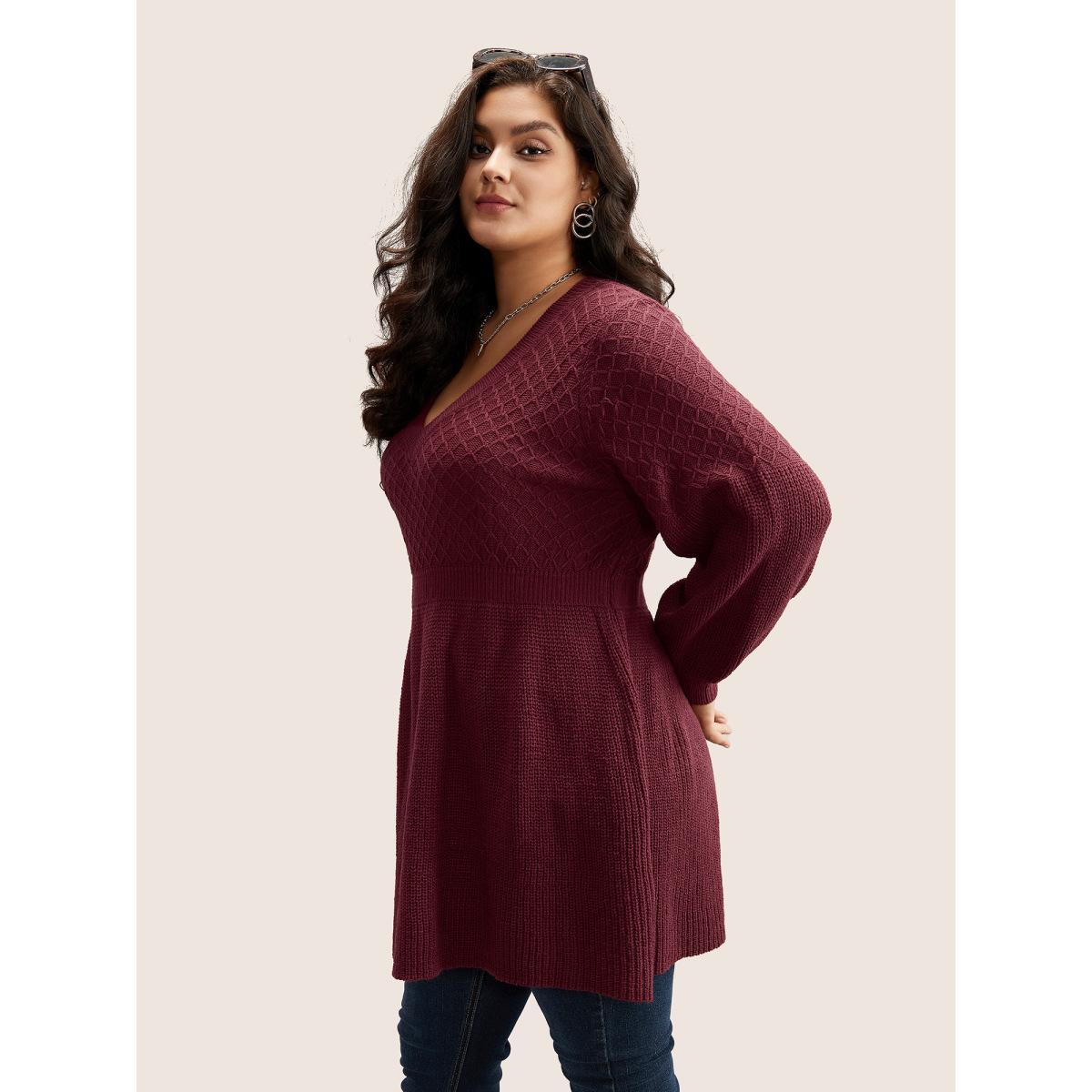 Plus Size Plain Plisse Lantern Sleeve A Line Pullover Moss Women Elegant Long Sleeve V-neck Everyday Pullovers BloomChic 18-20/2X Product Image