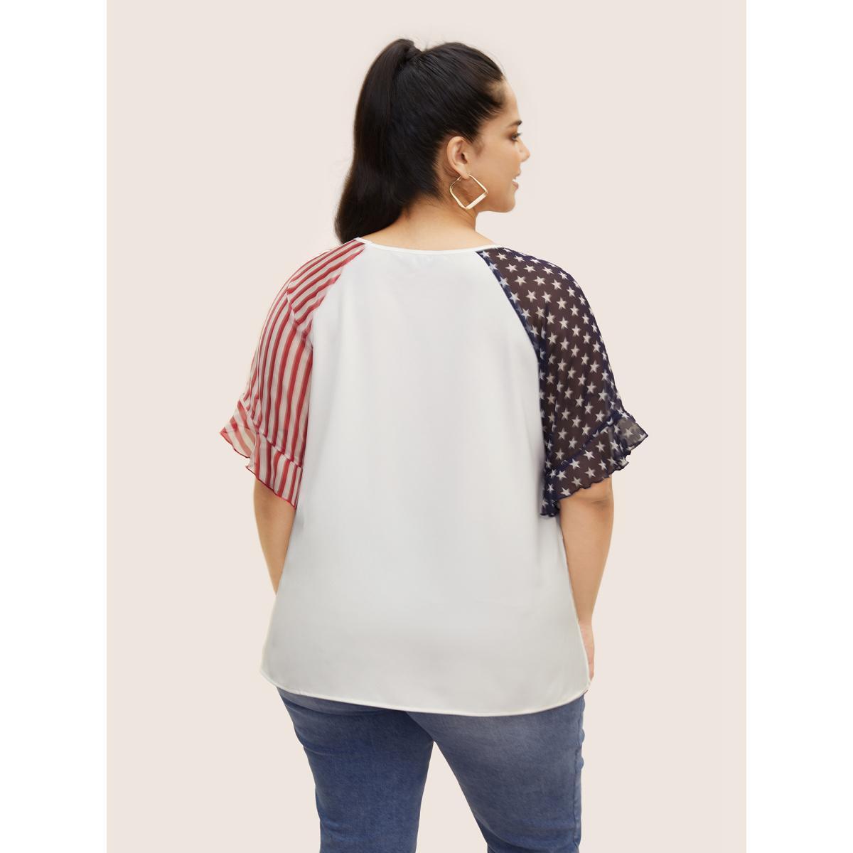 Plus Size Originalwhite Star & Striped Ruffles Raglan Sleeve Blouse Women Casual Short sleeve V-neck Everyday Blouses BloomChic 18-20/2X Product Image