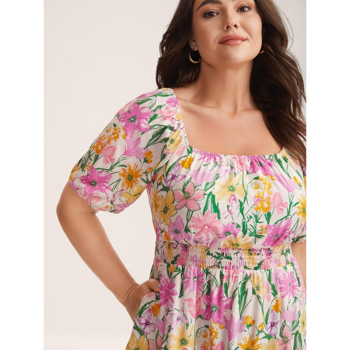 Plus Size Sweet Floral Print Square Neck Midi Dress Lilac Women Square Neck Short sleeve Curvy BloomChic 28/5X Product Image
