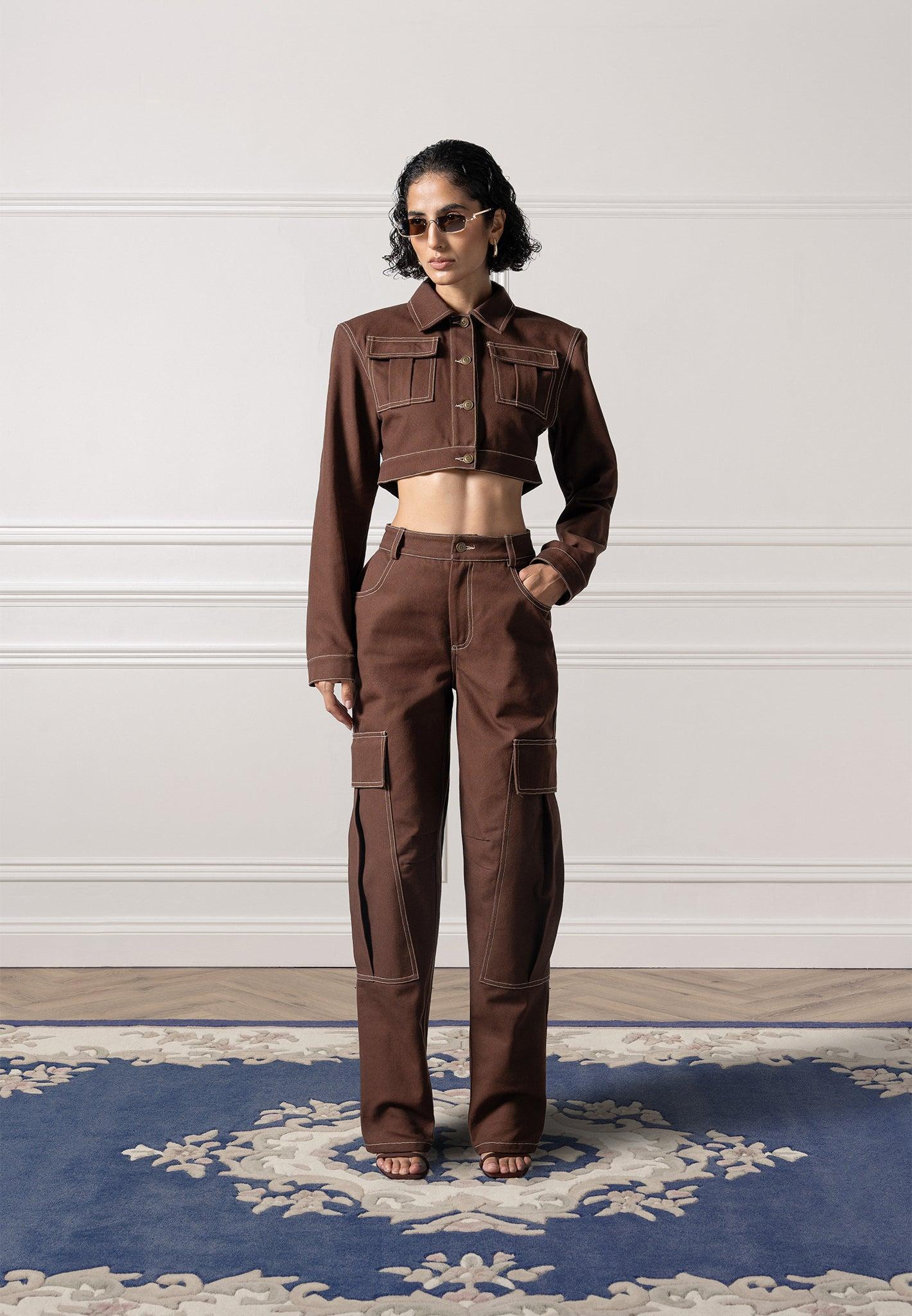 High Rise Drill Cargo Pants - Brown Female Product Image
