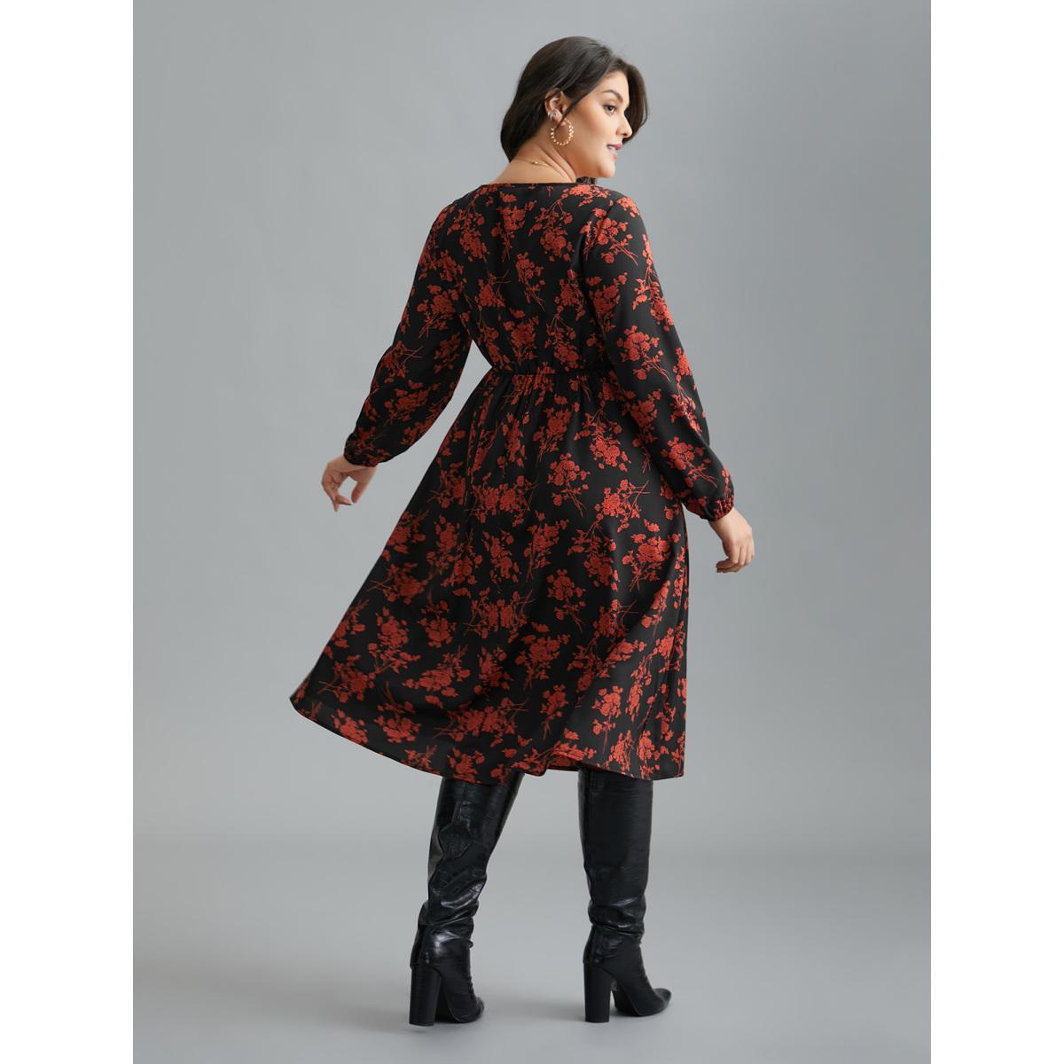 Plus Size Silhouette Floral Print Notched Dress Black Women Elegant Non Notched collar Long Sleeve Curvy BloomChic 28/5X Product Image