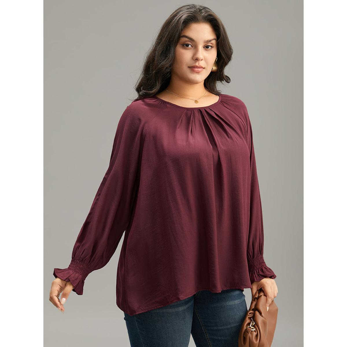 Plus Size Burgundy Supersoft Essentials Plain Plicated Detail Ruffle Trim Blouse Women Office Long Sleeve Round Neck Work Blouses BloomChic 12/L Product Image