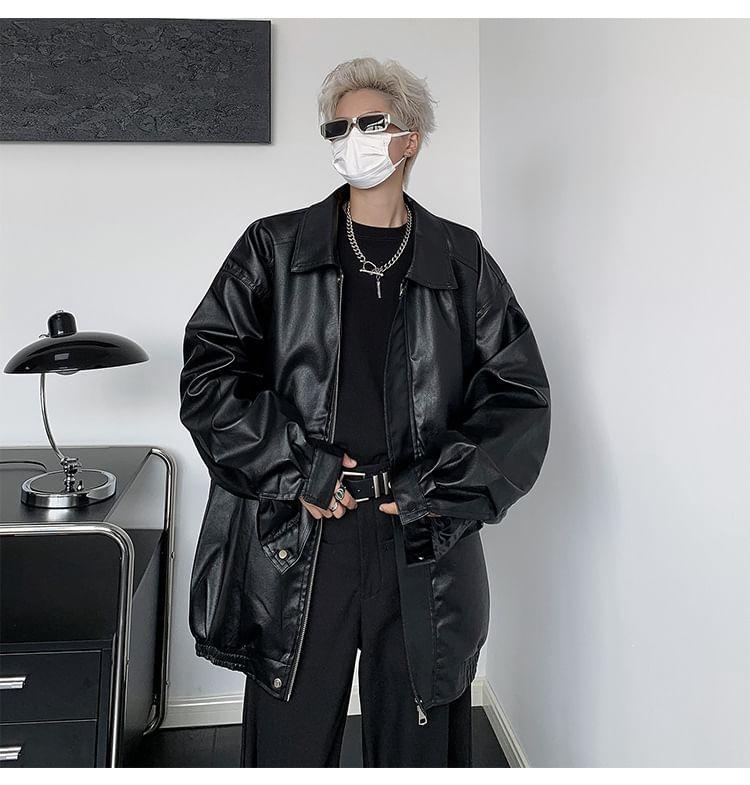 Collared Plain Zip-Up Faux Leather Jacket Product Image