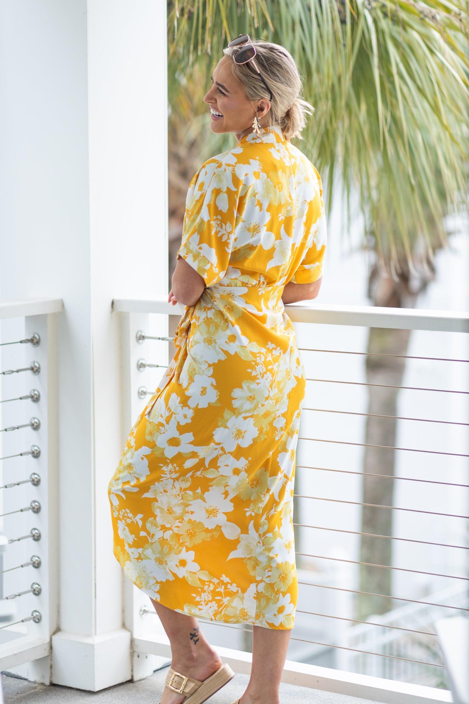 Yellow Floral Tie Waist Collared Midi Dress Product Image
