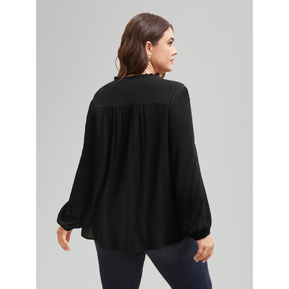 Plus Size Black Lace Patchwork Pleated Ruffles Blouse Women Elegant Long Sleeve V-neck Everyday Blouses BloomChic 12/L Product Image