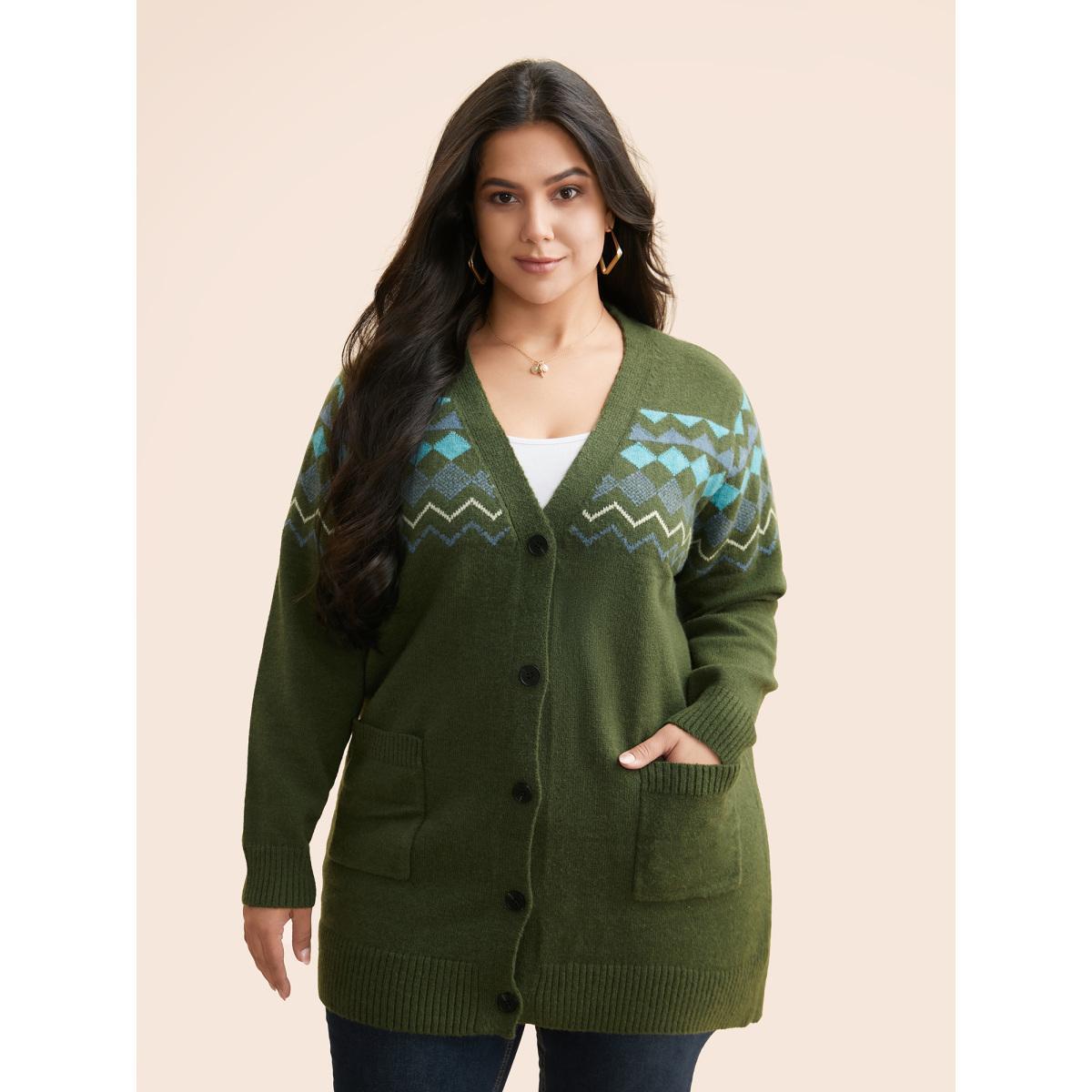 Plus Size Bandana Geometric Patch Pocket Cardigan Moss Women Casual Loose Long Sleeve Everyday Cardigans BloomChic 26/4X Product Image