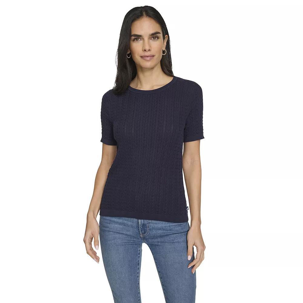 Women's Nautica Cable Knit Short Sleeve Sweater, Size: Large, Black Product Image