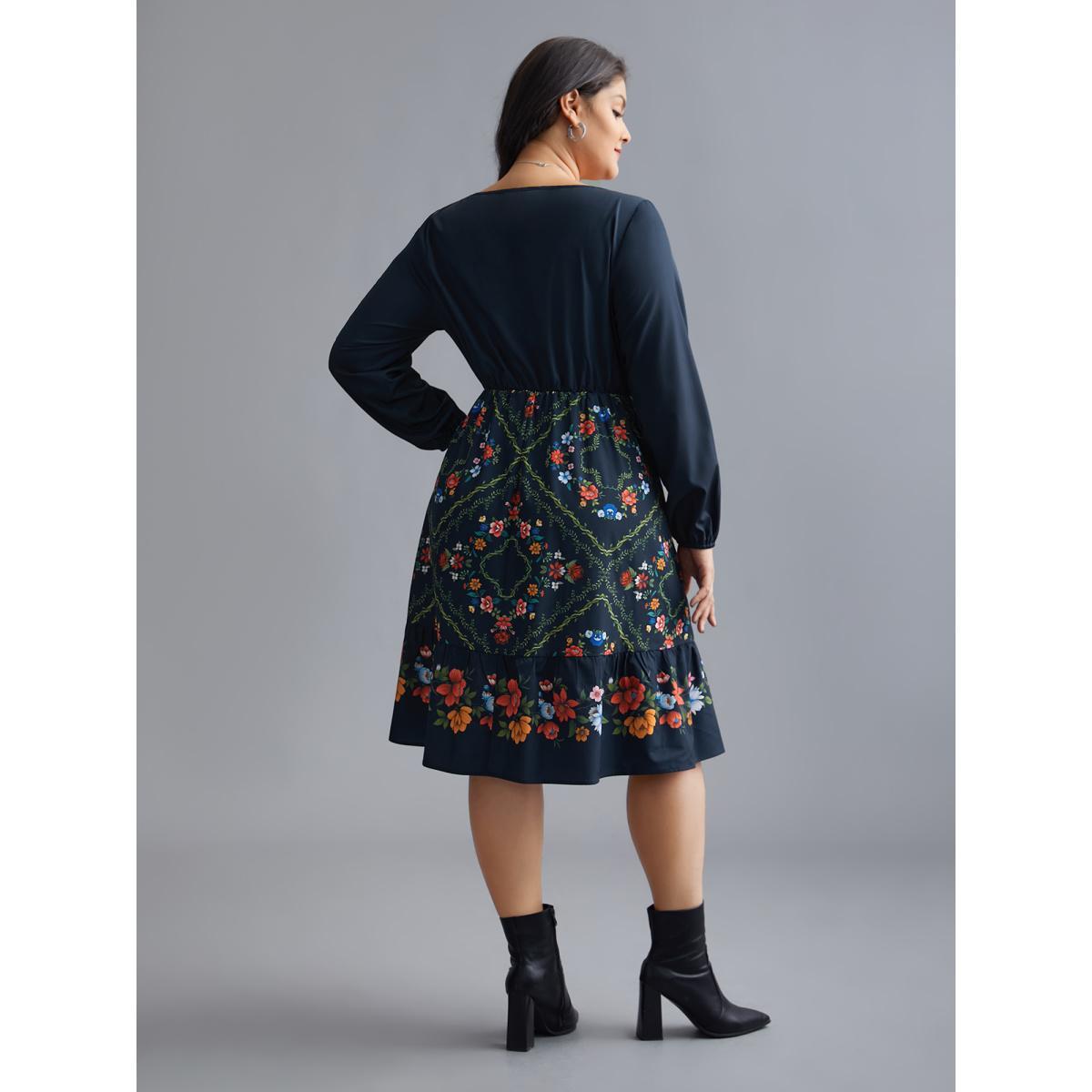 Plus Size Floral Printed Heart neckline Lantern Sleeve Dress DarkBlue Women Elegant Patchwork Heart neckline Long Sleeve Curvy BloomChic 10/M Product Image