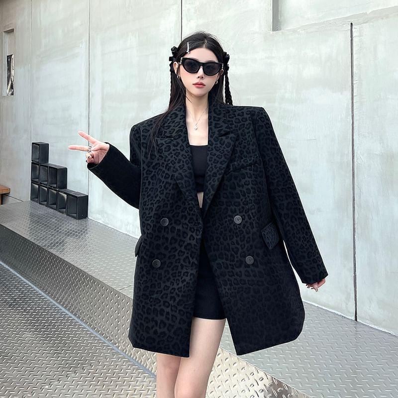 Lapel Collar Leopard Print Double Breasted Blazer Product Image