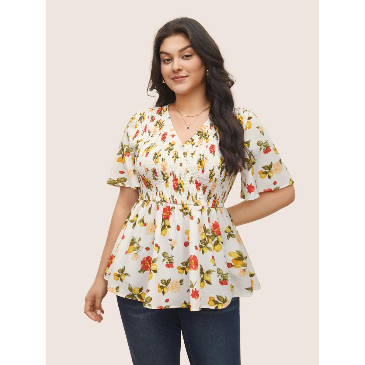 Plus Size Ivory Citrus Lemon Print Elastic Waist Shirred Wrap Ruffles Blouse Women Elegant Short sleeve Overlap Collar Everyday Blouses BloomChic 22-24/3X Product Image