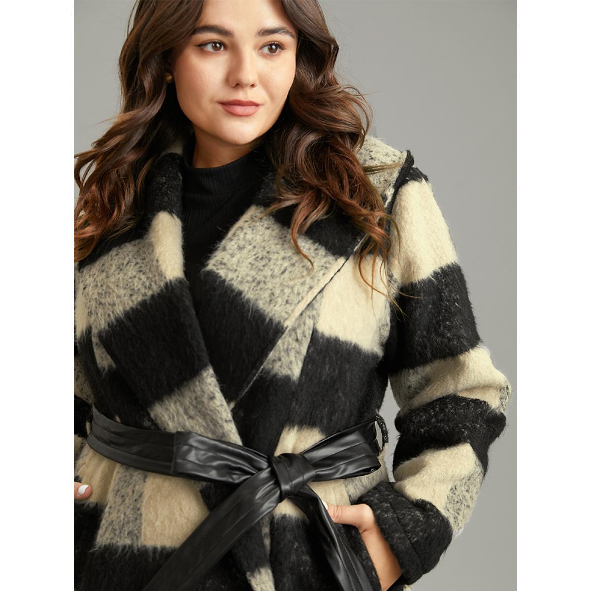 Plus Size Plaid PU Leather Belted Lapel Collar Coat Women Black Casual Lined Ladies Dailywear Winter Coats BloomChic 14-16/1X Product Image
