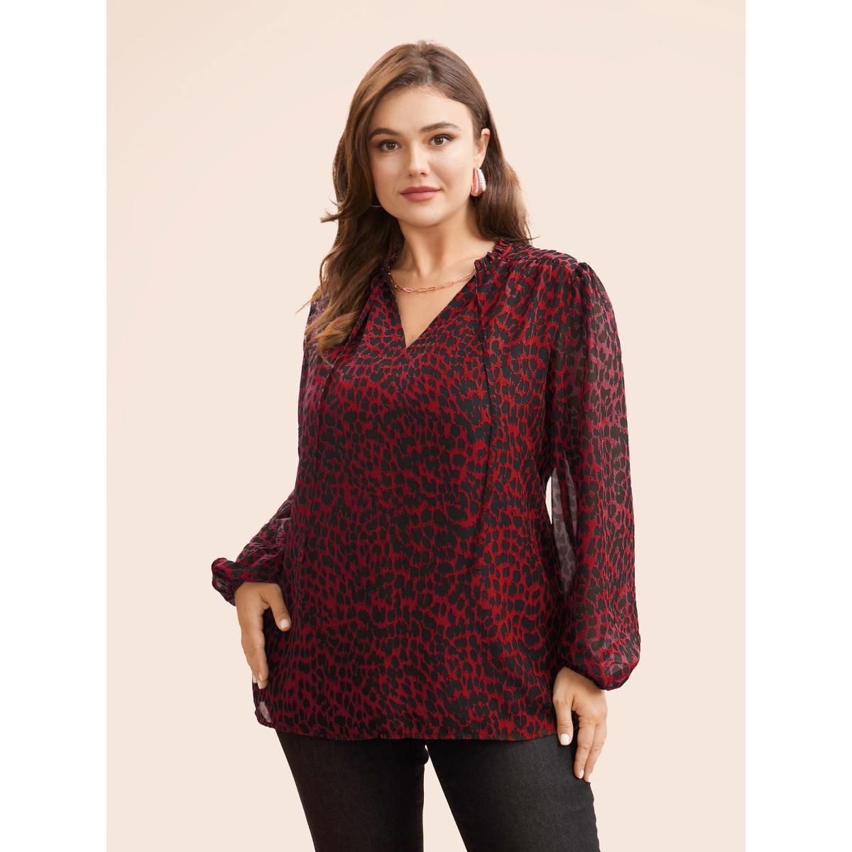 Plus Size Crimson Leopard Print Tie Knot Lantern Sleeve Blouse Women Elegant Long Sleeve V-neck Everyday Blouses BloomChic 26/4X Product Image