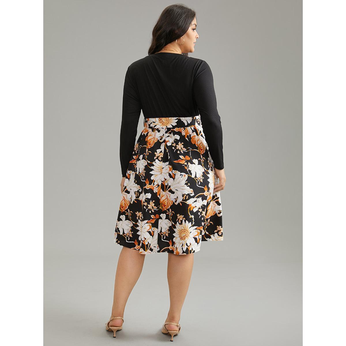 Plus Size Floral Print Rib Knit Belted Dress Black Women Elegant Rib Knit Round Neck Long Sleeve Curvy Midi Dress BloomChic 14-16/1X Product Image