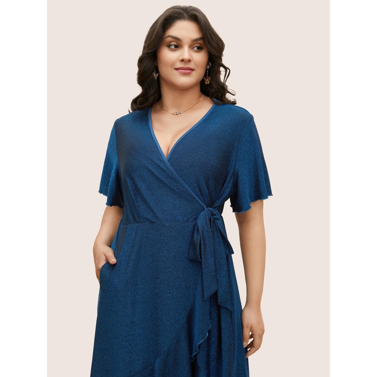 Plus Size Overlap Collar Luxe Tie Knot Ruffles Dress Mediumblue Women Cocktail Tie knot Overlap Collar Short sleeve Curvy BloomChic 22-24/3X Product Image