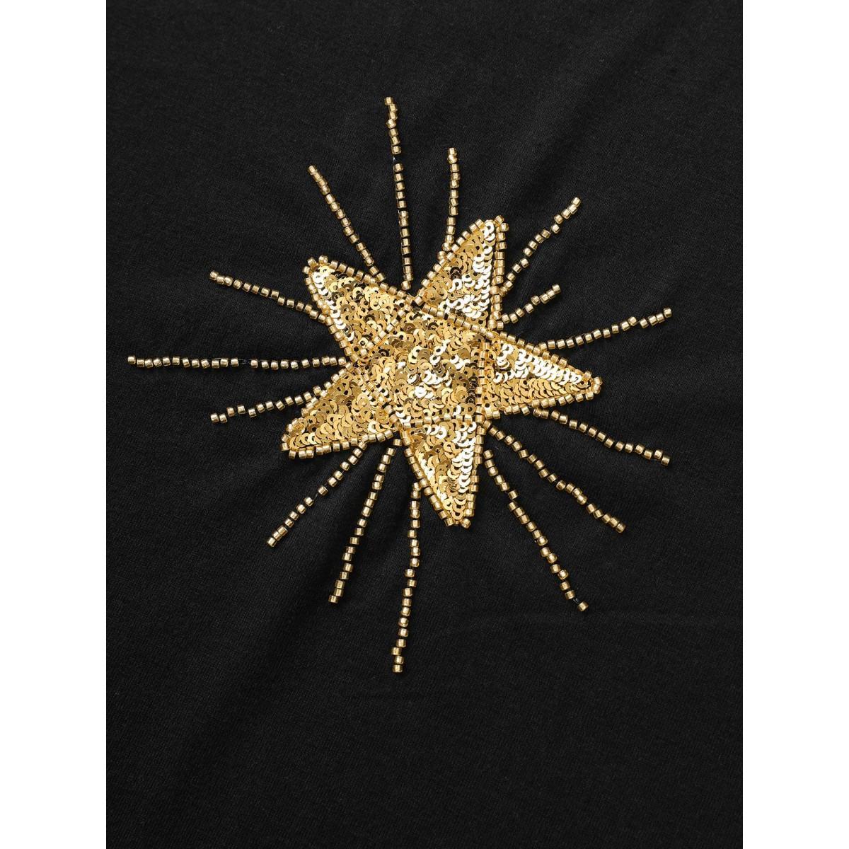Plus Size Contrast Star Sequin Round Neck T-shirt Black Women Casual Contrast Star and moon Round Neck Everyday T-shirts BloomChic 12/L Product Image