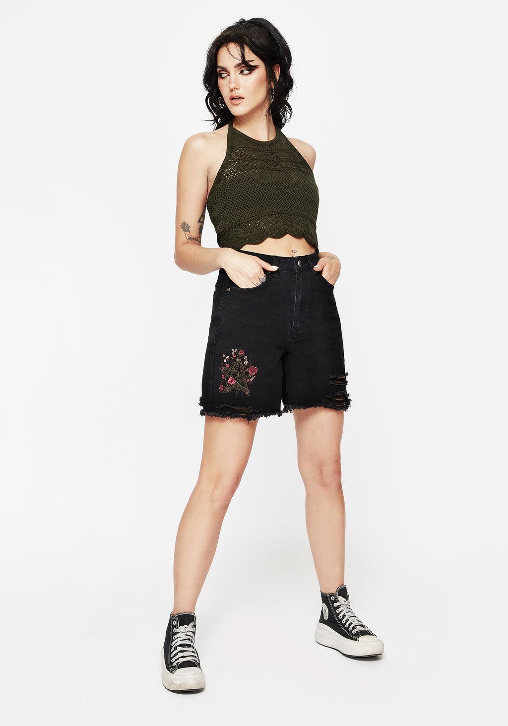 Aster Floral Embroidered Mid Length Denim Shorts Product Image