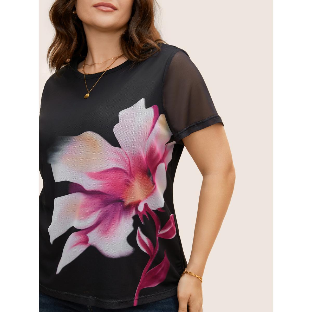 Plus Size Round Neck Lily Print Patchwork Mesh T-shirt Black Women Elegant See through Natural Flowers Round Neck Everyday T-shirts BloomChic 12/L Product Image
