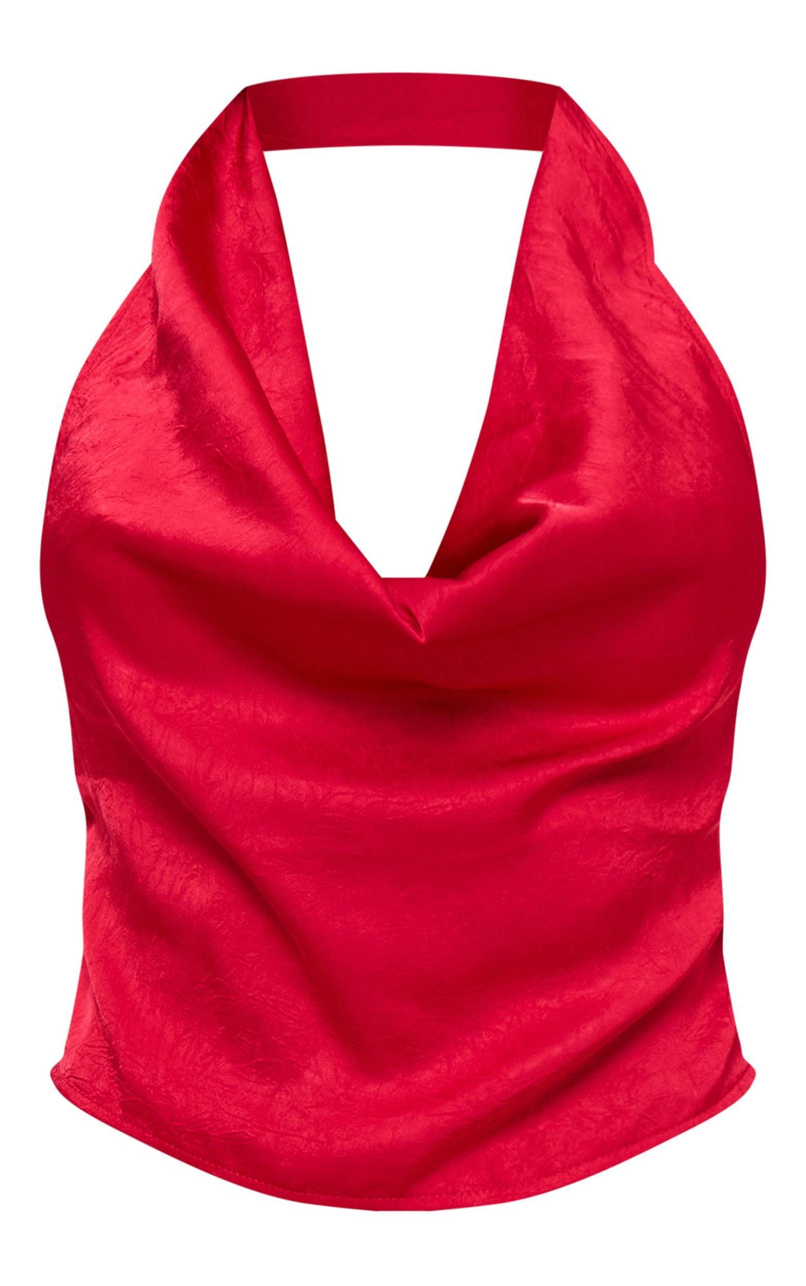 Red Textured Satin Cowl Open Back Longline Top Product Image