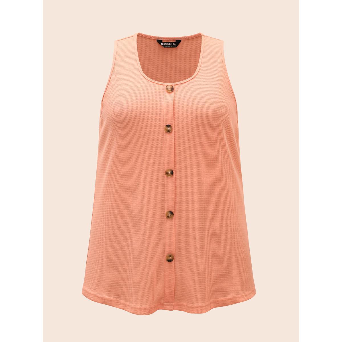 Plus Size Solid Button Detail Waffle Knit Tank Top Women Coral Casual Button Round Neck Everyday Tank Tops Camis BloomChic 18-20/2X Product Image