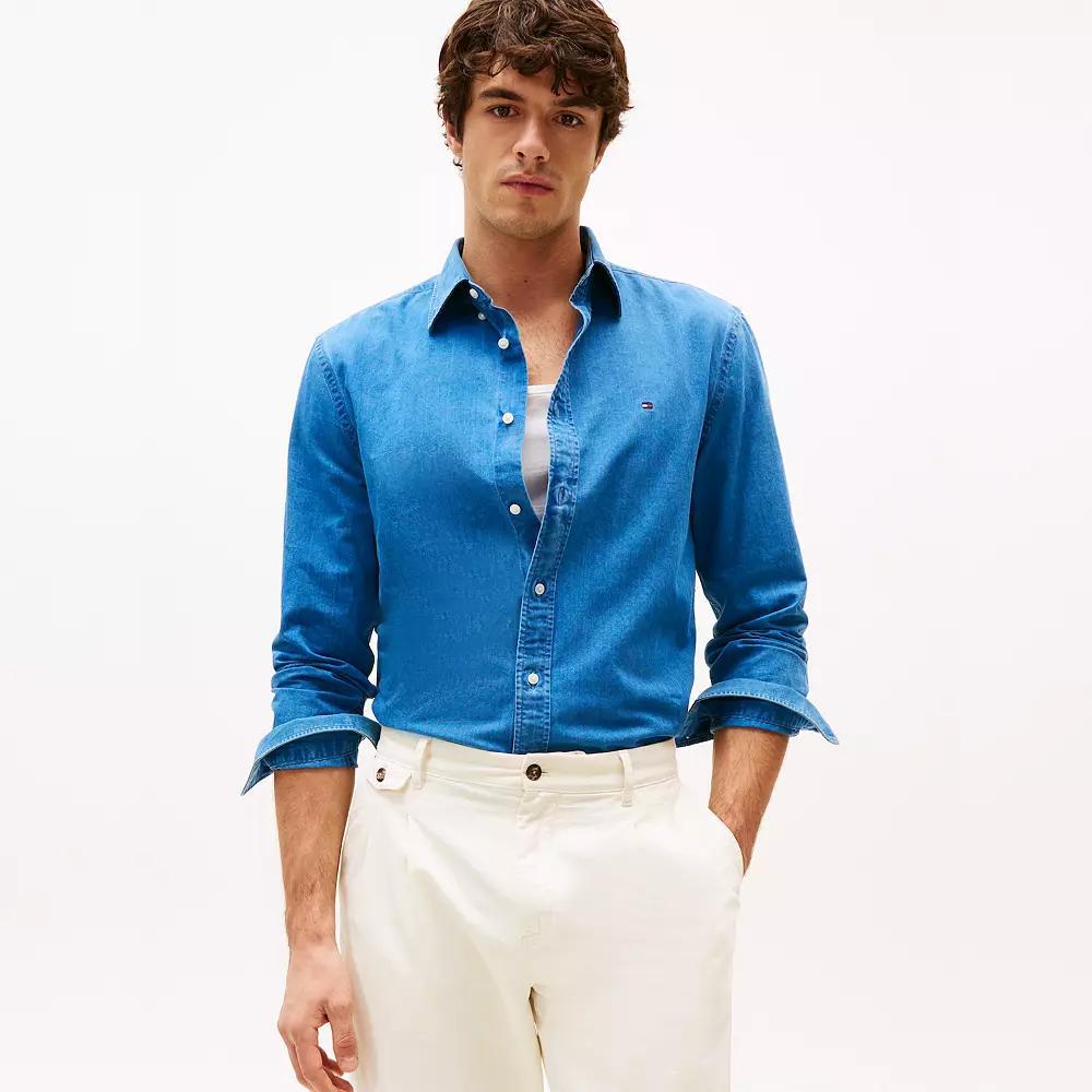 Men's Tommy Hilfiger Long Sleeve Chambray Button Down Shirt, Size: Medium, Light Blue Blue Shirt Product Image