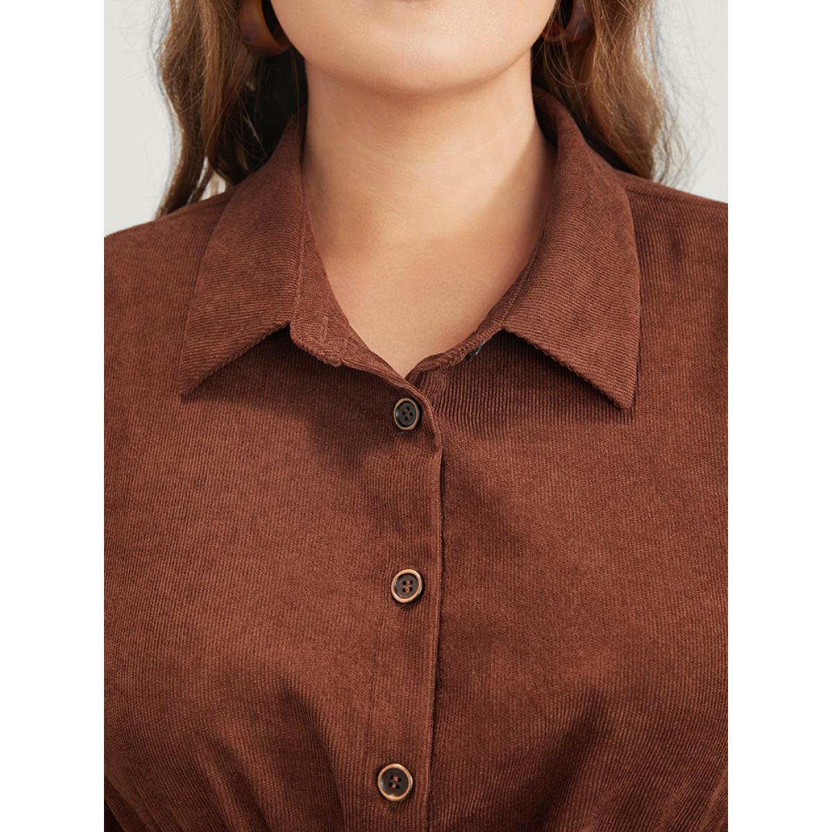 Plus Size Solid Drawstring Pocket Button Detail Shirt Collar Corduroy Dress Brown Women Office Drawstring Shirt collar Long Sleeve Curvy Midi Dress BloomChic 26/4X Product Image
