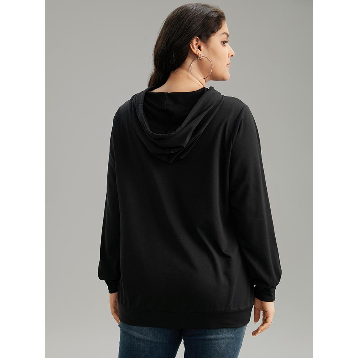 Plus Size Positive Slogans Print Kangaroo Pocket Hooded Sweatshirt Women Black Casual Printed Dailywear Sweatshirts BloomChic 22-24/3X Product Image