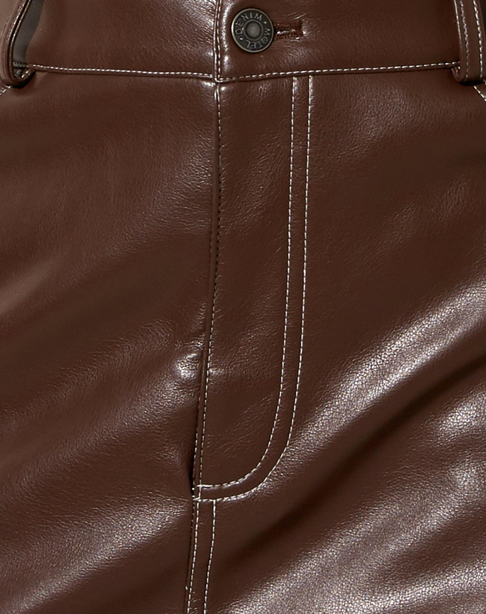 Braima Mini Skirt in PU Bitter Chocolate with Ivory Stitching Product Image
