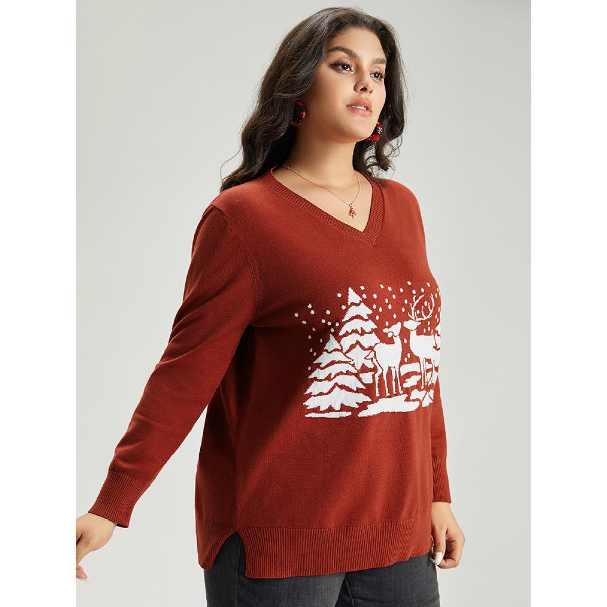 Plus Size Anti-Pilling Christmas Trees & Elk Print Pullover Rust Women Casual Loose Long Sleeve V-neck Festival-Christmas Pullovers BloomChic 26/4X Product Image