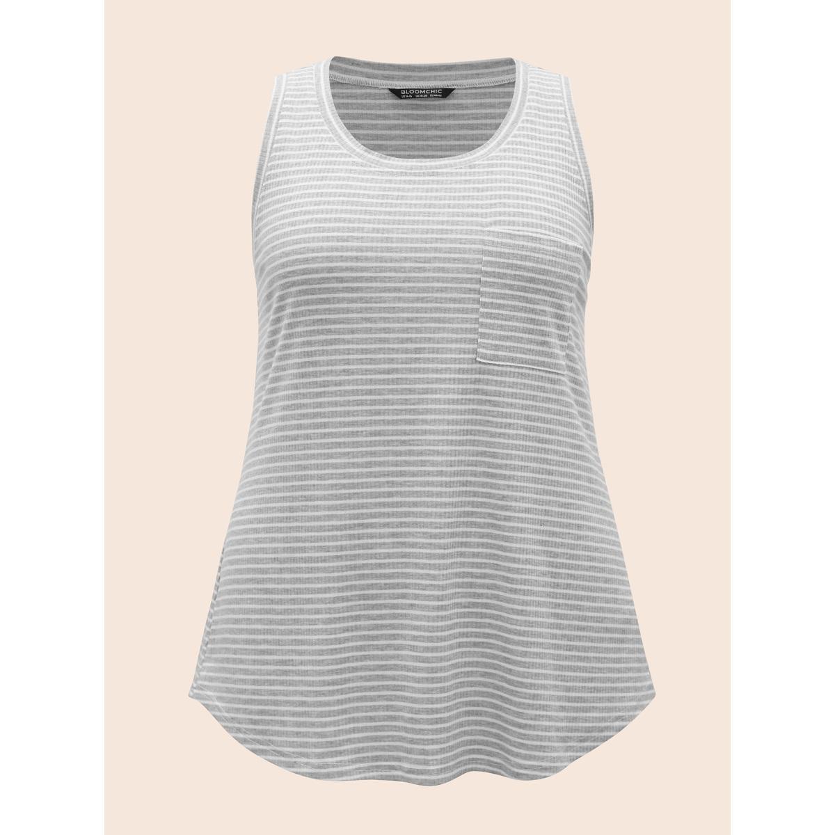 Plus Size Striped Pocket Arc Hem Tank Top Women Silver Casual Everyday Tank Tops Camis BloomChic 12/L Product Image
