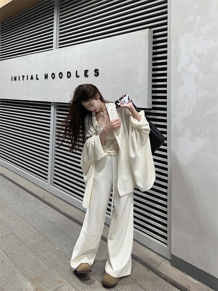 Plain Long Open Front Cardigan / Drawstring Waist Wide Leg Pants Product Image