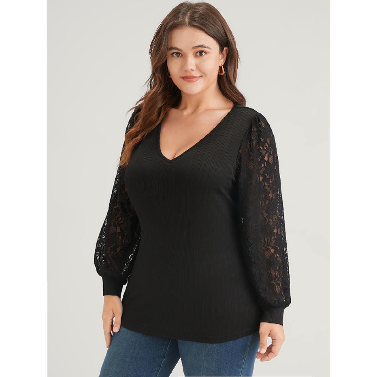 Plus Size Solid Rib Knit Contrast Lace Lantern Sleeve Long Tee Black Women Elegant Plain Plain V-neck Dailywear T-shirts BloomChic 18-20/2X Product Image