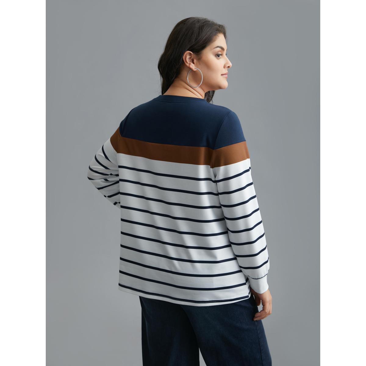Plus Size Striped Contrast Round Neck Sweatshirt Women Midnight Casual Contrast Loose Round Neck Everyday Sweatshirts BloomChic 18-20/2X Product Image
