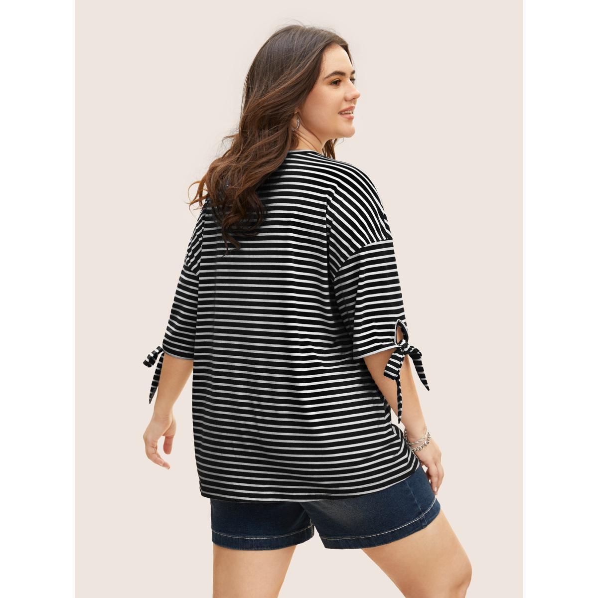 Plus Size Striped Boat Neck Tie Knot T-shirt Black Women Casual Tie knot Boat Neck Everyday T-shirts BloomChic 14-16/1X Product Image