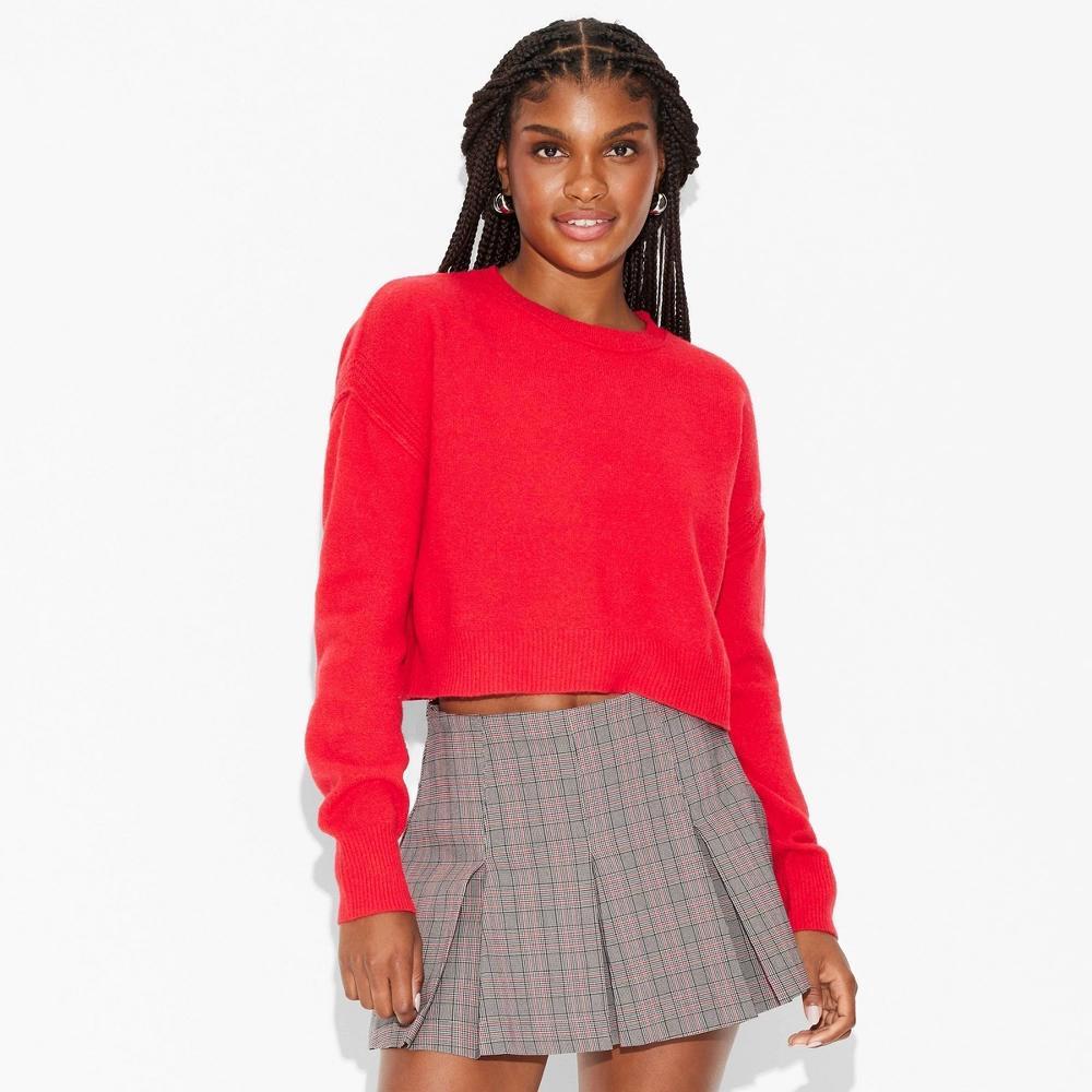 Womens Crew Neck Value Pullover Sweater - Wild Fable Red Pop XXS: Recycled Polyester, Midweight, Cropped, Long Sleeve Product Image