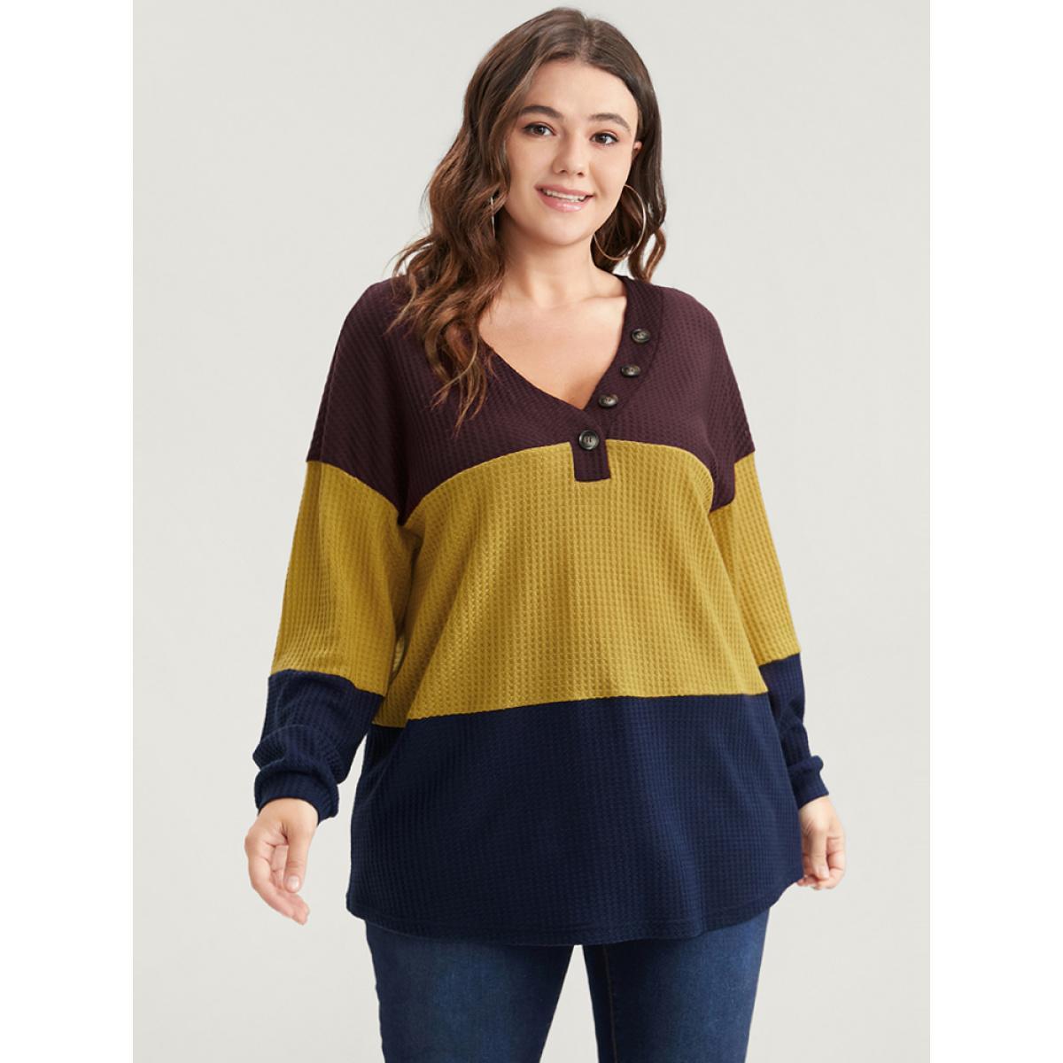 Plus Size Colorblock Contrast Button Detail Waffle Knit Sweatshirt Women Multicolor Casual Patchwork V-neck Dailywear Sweatshirts BloomChic 26/4X Product Image