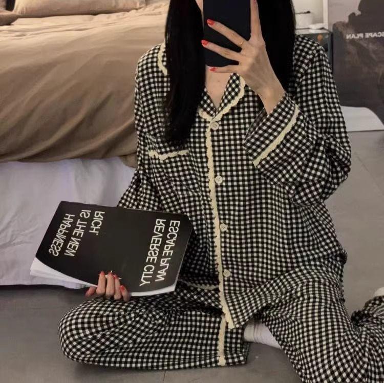 Pajama Set: Gingham Lace Trim Shirt + Pants Product Image