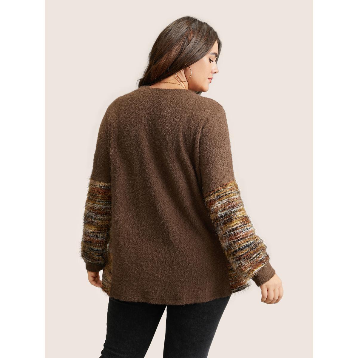 Plus Size Round Neck Patchwork Heather Fluffy Sweatshirt Women DarkBrown Casual Texture Round Neck Dailywear Sweatshirts BloomChic 14-16/1X Product Image