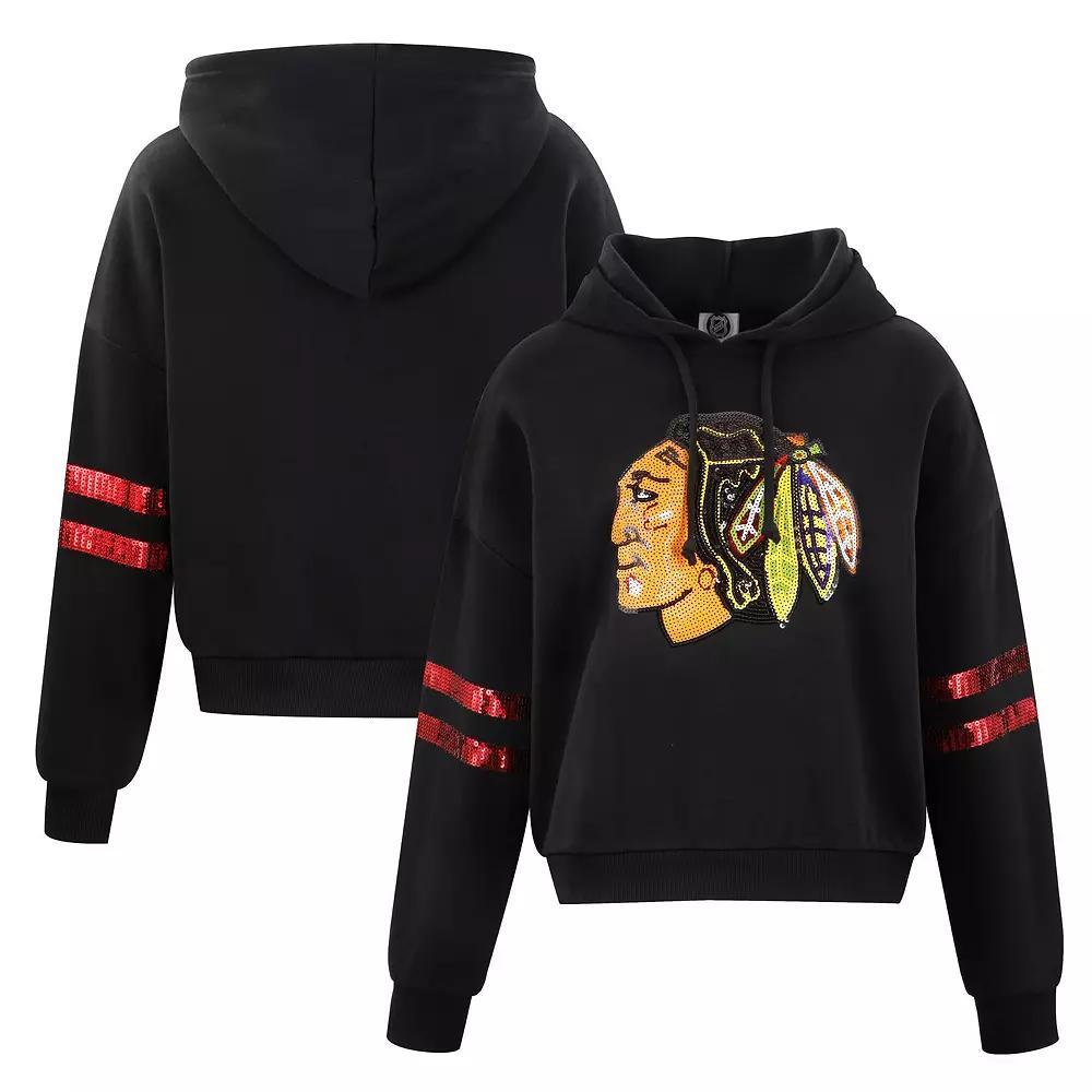 Women's Cuce Black Chicago Blackhawks Sequin Cropped Pullover Hoodie, Size: 2XL Product Image