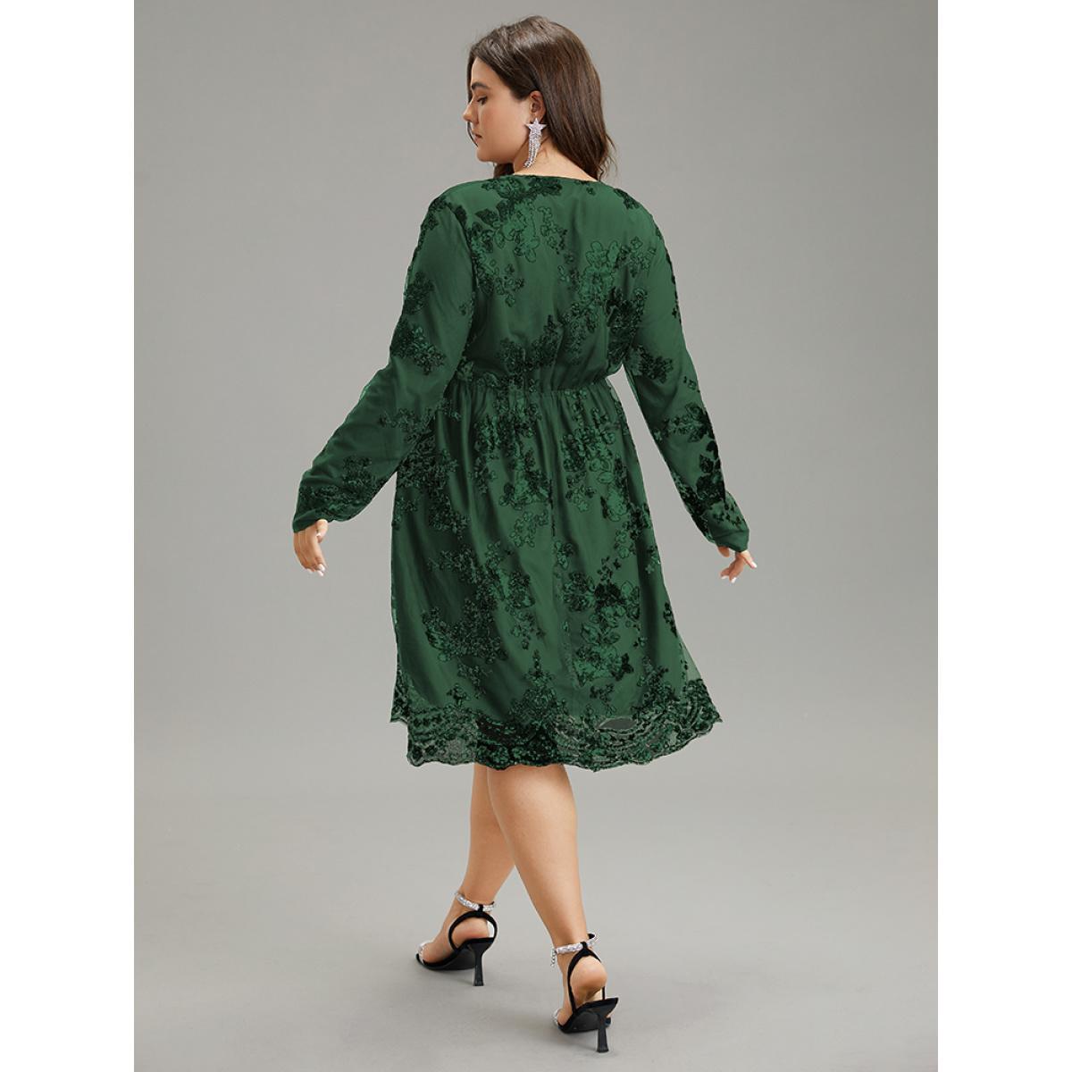 Plus Size Floral Sequin Elastic Waist Mesh Wrap Dress DarkGreen Women Party Sequin Overlap Collar Long Sleeve Curvy Midi Dress BloomChic 22-24/3X Product Image