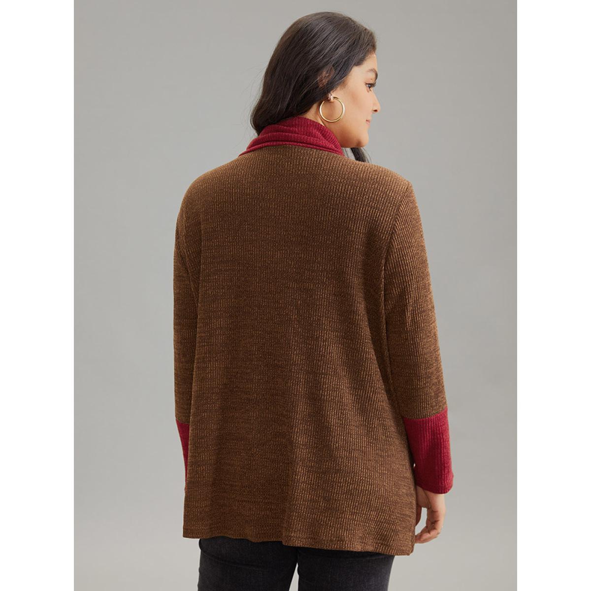 Plus Size Rib Knit Contrast Funnel Neck Patched Pocket Sweatshirt Women DarkBrown Casual Rib Knit Turtleneck Dailywear Sweatshirts BloomChic 18-20/2X Product Image