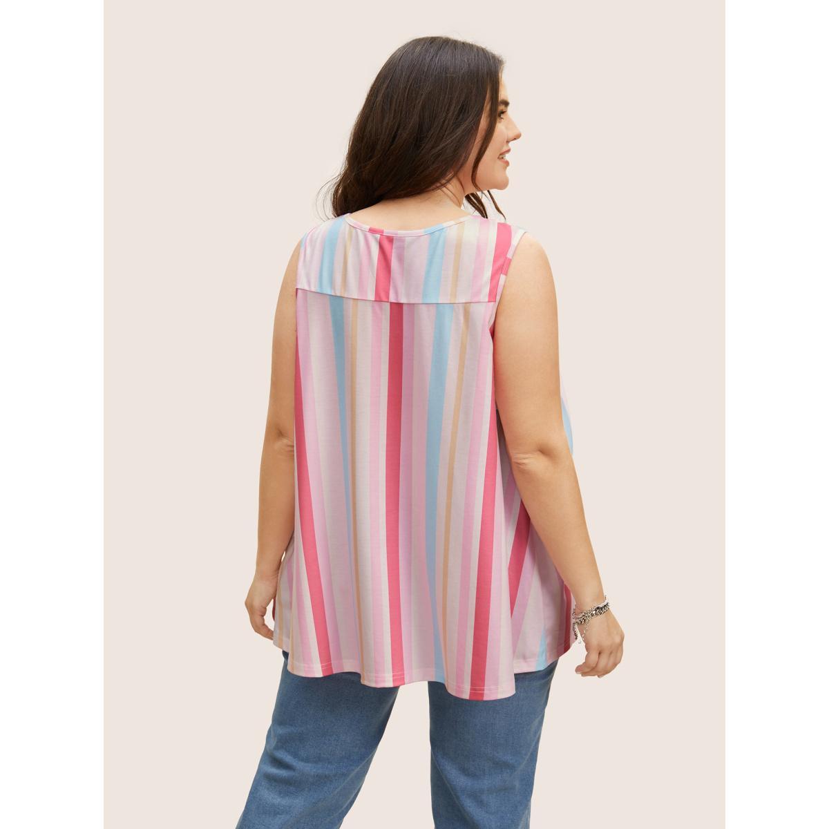 Plus Size Crew Neck Colored Striped Shirred Tank Top Women Multicolor Casual Gathered Round Neck Everyday Tank Tops Camis BloomChic 14-16/1X Product Image