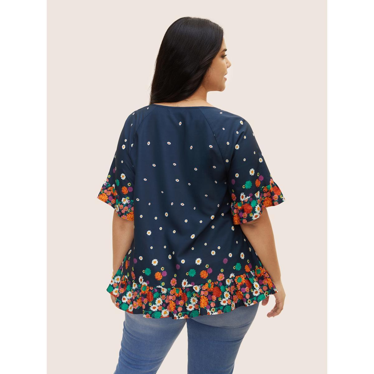 Plus Size Indigo Boho Print Ruffles Tie Knot Blouse Women Elegant Half Sleeve Flat collar with V-notch Everyday Blouses BloomChic 22-24/3X Product Image