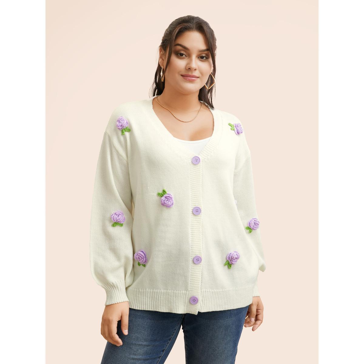 Plus Size Crochet Floral Contrast Button Up Cardigan Ivory Women Casual Loose Long Sleeve Everyday Cardigans BloomChic 22-24/3X Product Image