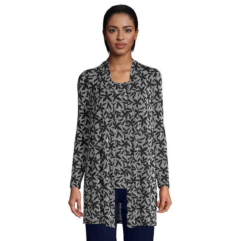 Women's Lands' End Draped Long Open-Front Cardigan, Size: Medium, White Stripe Floral Product Image