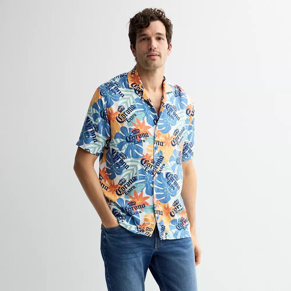 Men's Corona Logo & Floral Short Sleeve Button-Down Shirt, Size: Large, White Product Image