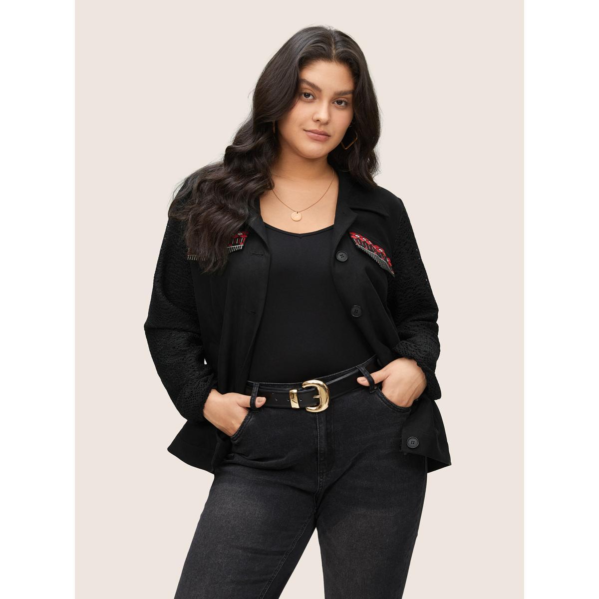 Plus Size Patchwork Embroidered Flap Detail Jacket Women Black Non Slanted pocket Everyday Jackets BloomChic 30/6X Product Image