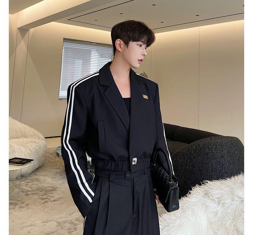 Set: Striped Cropped Blazer + High Waist Wide Leg Pants Product Image