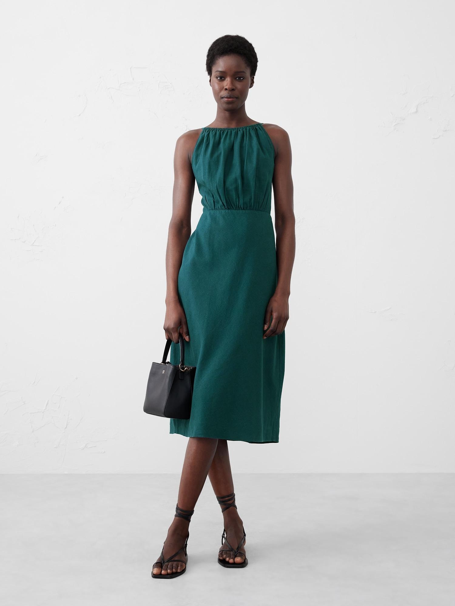 Linen-Blend High-Neck Midi Dress Product Image