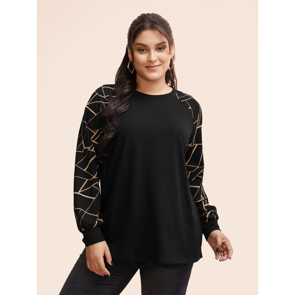 Plus Size Geometric Round Neck Raglan Sleeve Sweatshirt Women Multicolor Casual Elastic cuffs Round Neck Dailywear Sweatshirts BloomChic 30/6X Product Image