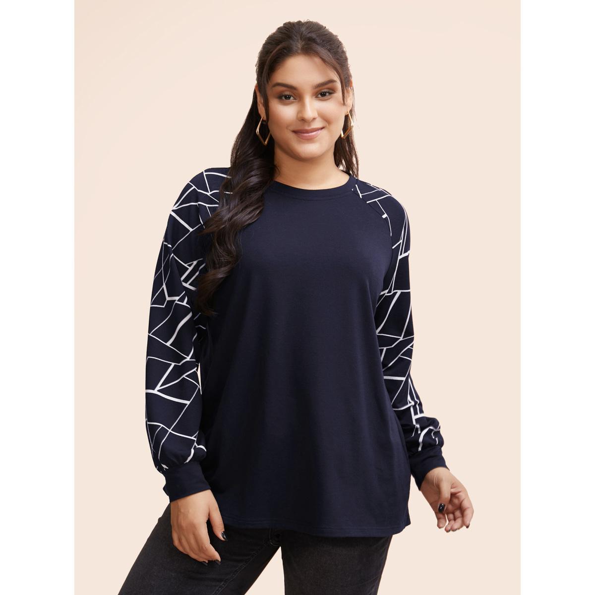 Plus Size Geometric Round Neck Raglan Sleeve Sweatshirt Women DarkBlue Casual Elastic cuffs Round Neck Dailywear Sweatshirts BloomChic 14-16/1X Product Image